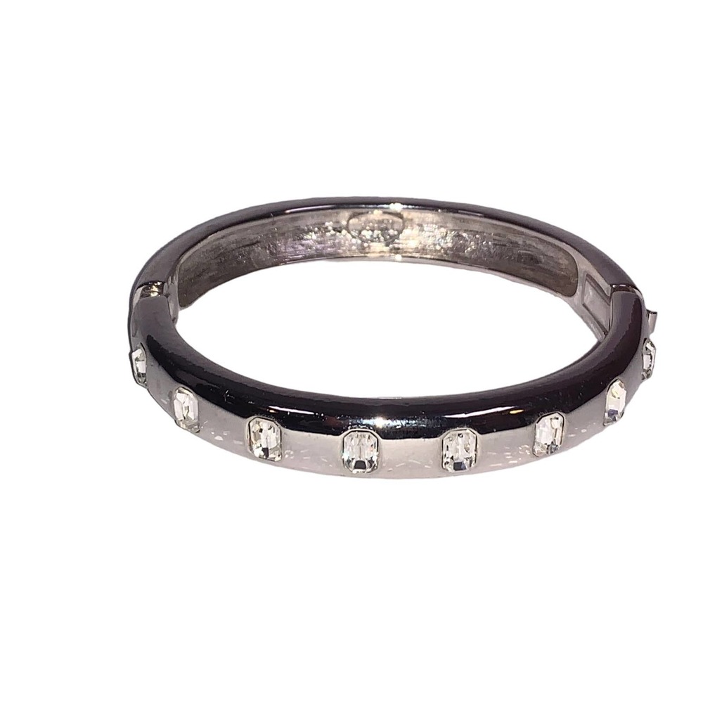 Vintage Joan Rivers Silver Inlaid Rectangle Crystal Hinged Bangle Bracelet EUC